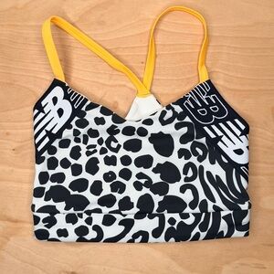 New Balance Black and White Patterned Sports Bra with Yellow Straps